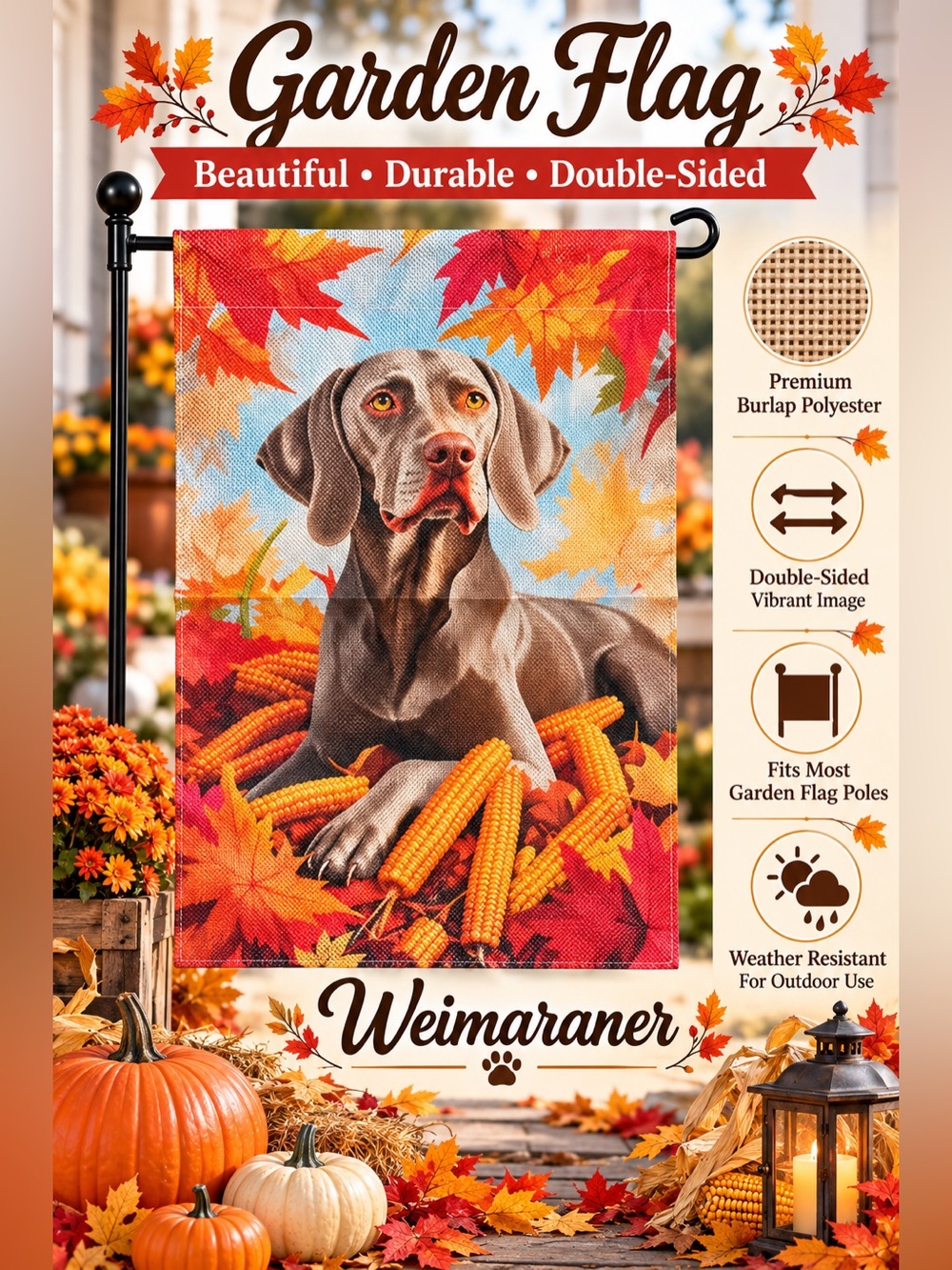 Garden flag, autumn Weimaraner dog, burlap polyester, double-sided, 12” x 18”